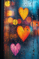 Watercolor painting of heart-shaped raindrops on a window pane during a Valentine's storm