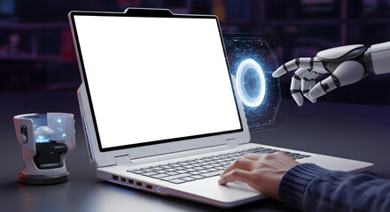 Robot Hand Interacting with Laptop and Futuristic Interface