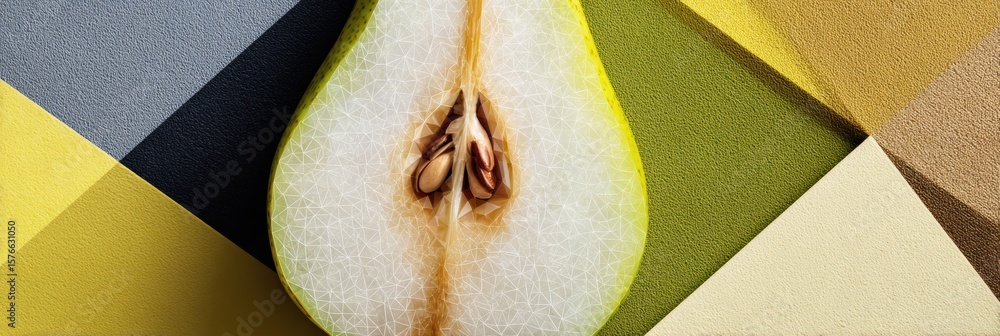 Poster abstract design featuring a pear slice segmented into geometric tiles with a clean right zone for vi
