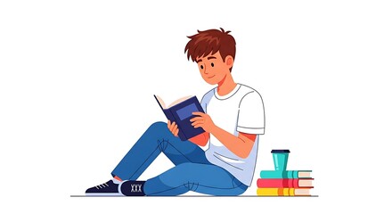 Fototapeta premium Cartoon flat young student reading a book, symbolizing education and knowledge.