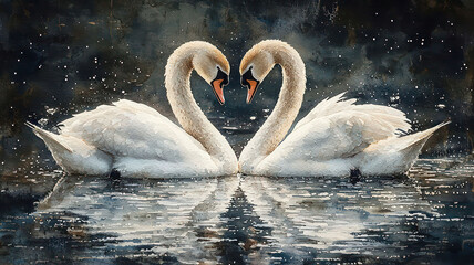 Watercolor painting of a pair of swans nesting together in a heart shape on a peaceful pond