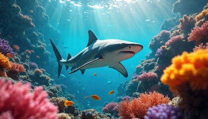 Fototapeta premium Majestic glides through vibrant coral reef ecosystem. Sunlight beams illuminate colorful underwater world teeming with small fish. Vivid marine life displays biodiversity, ocean beauty, ocean depths.