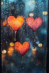Watercolor painting of heart-shaped raindrops on a window pane during a Valentine's storm