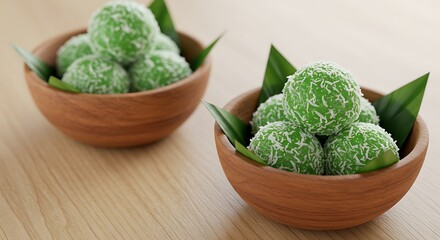Green klepon cake serve on wooden bowl. This cake is indonesia traditional street food it usually serve as snack on the morning breakfast. 