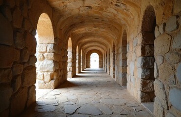 Obraz premium Ancient stone passage with arched openings forming tunnel effect. Sunlight streams through arches illuminating weathered floor tiles. Historical structure, possibly dolmen tomb, evokes prehistory,