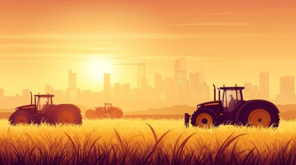 Golden field tractors at sunset, city skyline