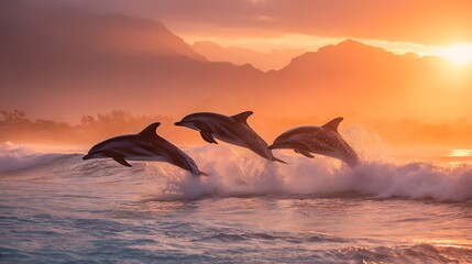 Fototapeta premium Graceful dolphins leaping across golden sunrise waves in the open sea horizon