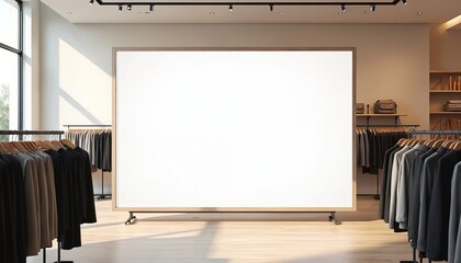 White wall clothing store interior with gray floor. White board displays SKATE brand. Racks hold colorful outfits, grid pattern on shelves. Empty space, copy space, advertisement template.
