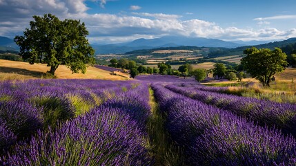 Wandering through endless lavender fields beneath sunlit hills on a peaceful summer journey