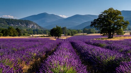 Wandering through endless lavender fields beneath sunlit hills on a peaceful summer journey