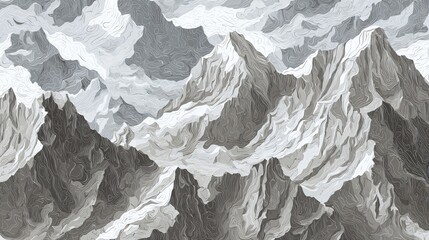 Monochromatic, high-contrast scenic mountain range landscape under dramatic cloudy sky