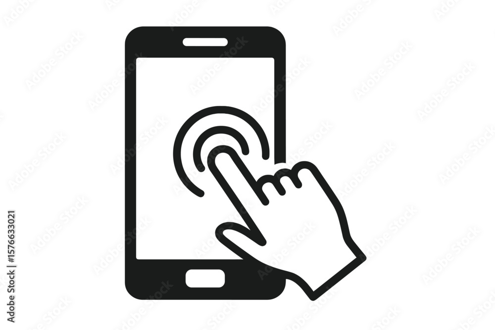 Poster smartphone touch screen interaction icon. hand finger tap on mobile device display. user interface u