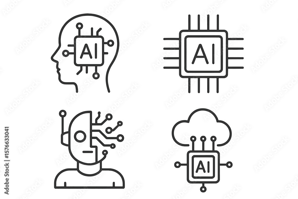 Fototapete Artificial intelligence line icon set. AI technology, machine learning, deep learning. Human head with brain chip, robot, processor, cloud computing vector symbols for web.