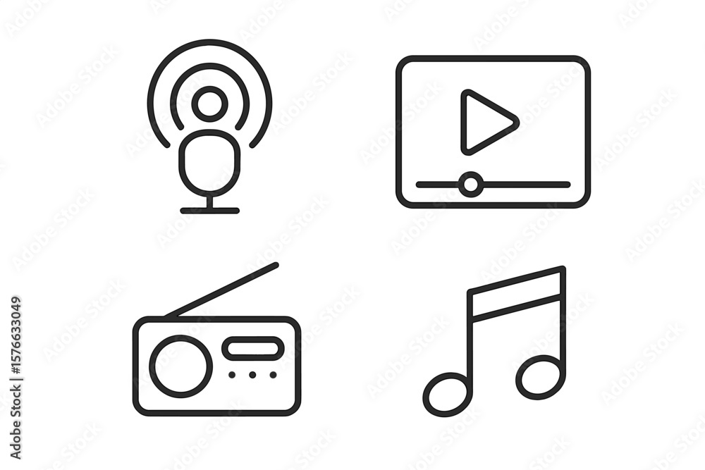Poster audio video icon set in thin line style. music and video icons for web and mobile app design. podcas
