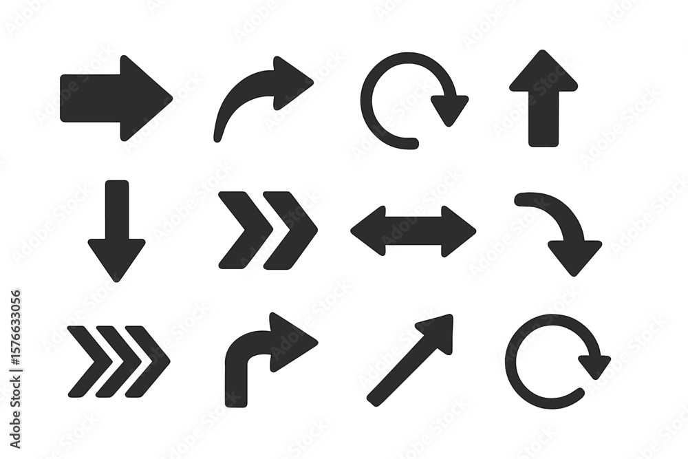Poster Black arrow icons set collection. Simple flat modern minimal vector graphic elements for UI UX design. Pointer cursor sign symbol for direction navigation isolated.