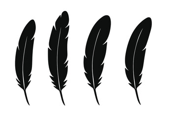 Set of black feather silhouettes. Vector icons collection for logo design or decorative element. Concept of lightness, freedom, bird, quill, writing, boho, spiritual, nature.