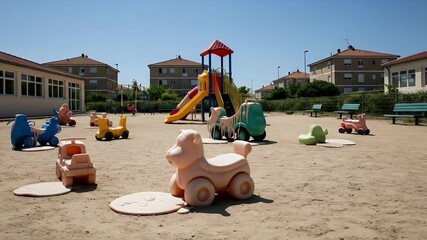 Empty playground scene with colourful plastic childrens equipment on a sandy area perfect for advertising child friendly products or services effect heatwave climate global change