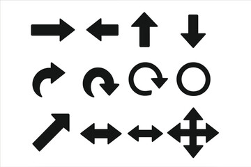 Black arrow icons set. Vector illustration of various direction pointers for web design and UI/UX. Simple flat symbols for navigation, next, previous, reload, and move.