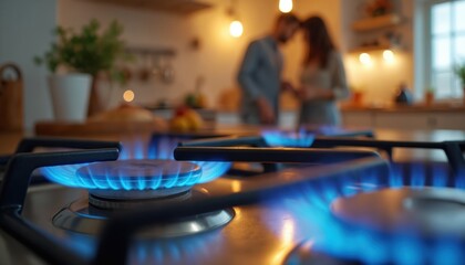 Cozy kitchen scene with gas stove blue flames. Couple cooks together, sharing warmth, passion. Modern appliance, culinary technology create joyful atmosphere, perfect for lifestyle, home cooking