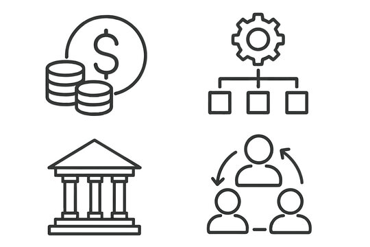 Business and finance line icons. Money management, banking services, corporate structure and teamwork concept. Financial strategy, investment, collaboration vector symbols set.