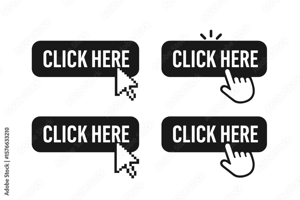 Poster Click here button set with computer mouse cursor and hand pointer icon. Call to action black buttons collection for web design. Modern flat vector illustration for website.