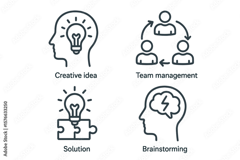 Aufkleber creativity and innovation set of 4 web icons in line style, representing creative business solutions
