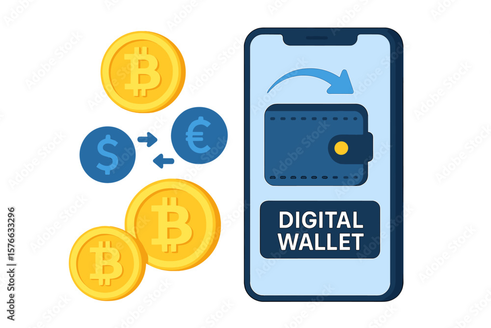 Poster crypto wallet for bitcoin transaction. digital currency exchange with mobile phone app. blockchain t