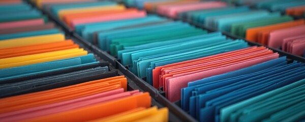 Organize digital information with color-coded files in a structured system. This visual represents efficient data management using metadata and taxonomy for easy retrieval and storage.