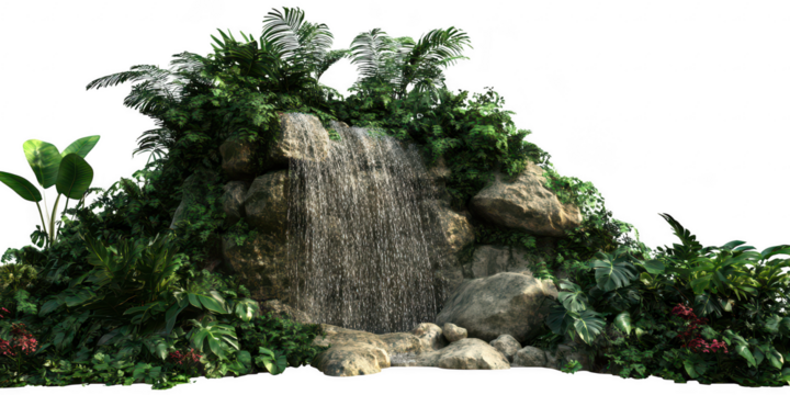 Waterfall with foliage and rocks on transparent png photo