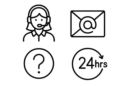 Customer service and support vector icon set. Contact us thin line icons. Call center operator, headset, e-mail, FAQ help question, 24-hour assistance for web and app.