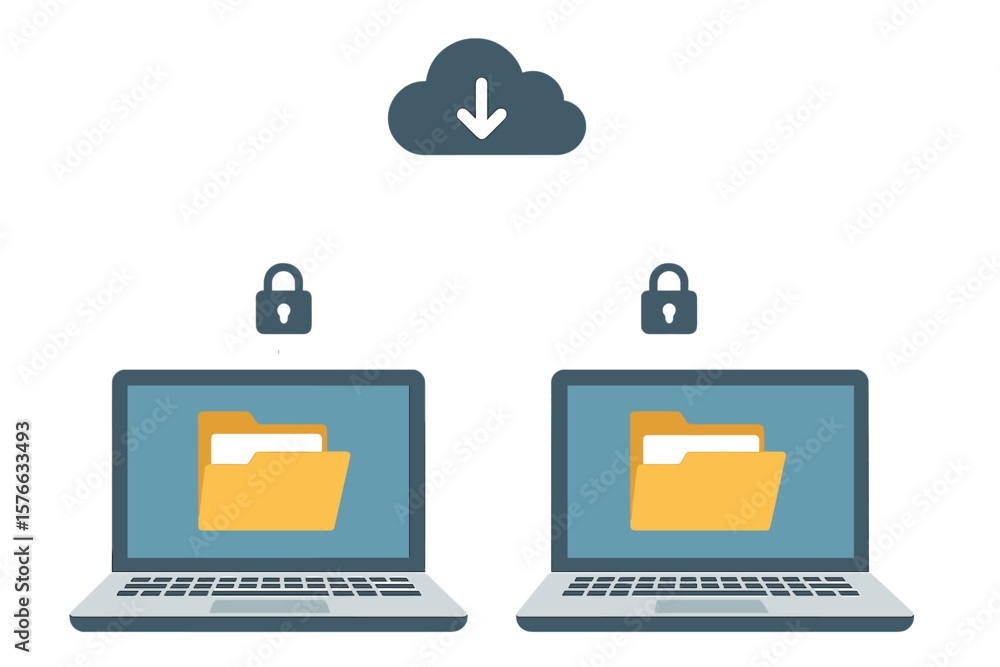 Poster secure cloud file transfer and encrypted data exchange between two laptops, remote loading folders, 