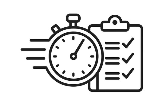 Fast delivery service icon. Express shipping concept. Stopwatch, timer and checklist for quick planning and time management. Deadline, survey, and fast solutions symbol.