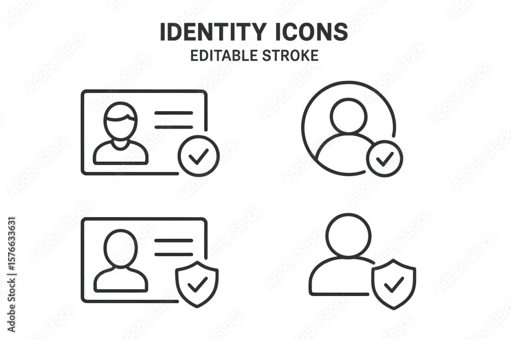 Poster identity verification icons set. thin line editable stroke. user profile, id card, security shield, 