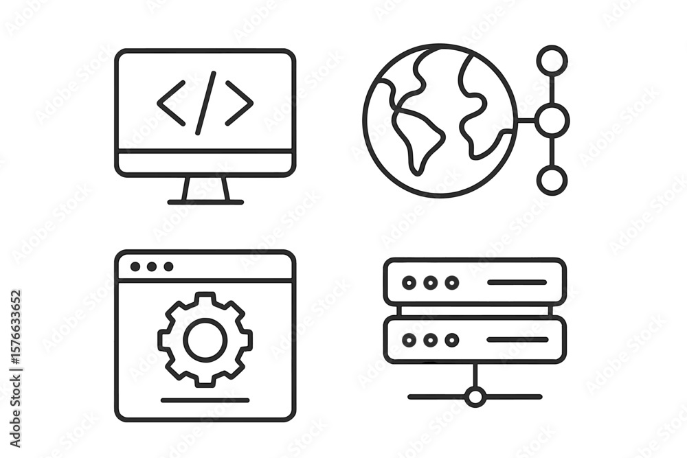 Poster modern information technology line icons set. web development, coding, networking, internet, website