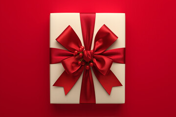 Professional advertising photography Top view elegant gift box with red ribbon on solid background, expert color grading for luxury promotions, e-commerce visuals, and brand identity enhancement