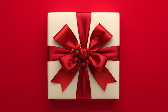 Professional advertising photography Top view elegant gift box with red ribbon on solid background, expert color grading for luxury promotions, e-commerce visuals, and brand identity enhancement