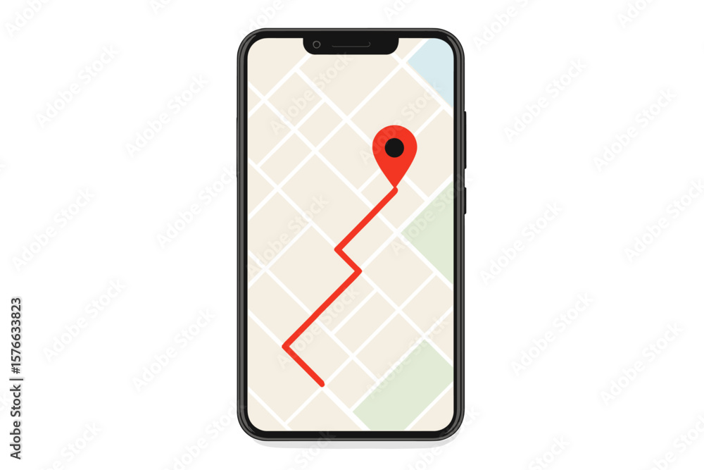 Poster smartphone with digital gps navigation app, route map and location pin, mobile navigation interface,