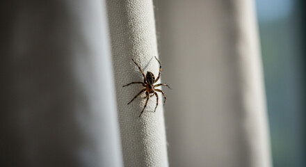Obraz premium Spider crawling on a fabric curtain in a bright indoor setting 