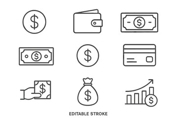 Money and Finance Line Icon Set. Dollar, Cash, Wallet, Payment, Credit Card, Banking, Savings, Investment, Financial Growth, Editable Stroke. Vector Illustration