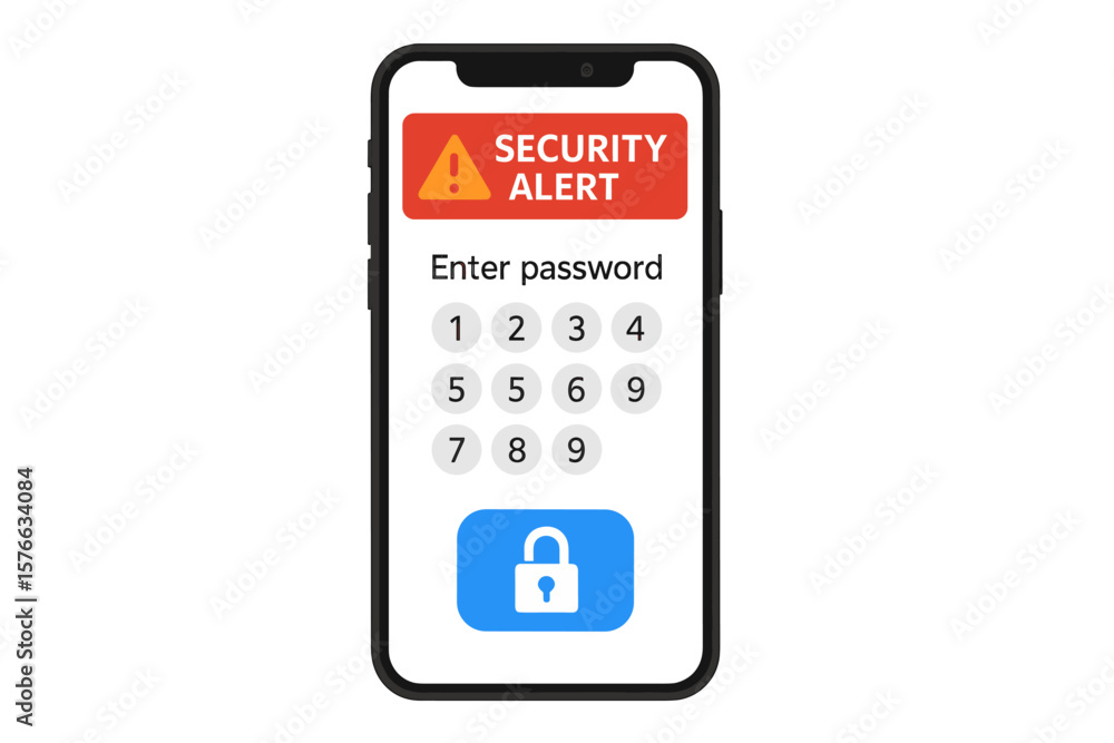 Poster smartphone security alert screen with password entry keypad, personal access authorization, mobile d