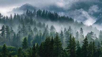 Obraz premium Morning fog drifting through pine trees in a tranquil forest, perfect for nature lovers