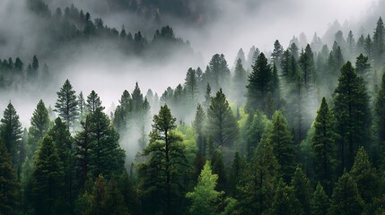 Morning fog drifting through pine trees in a tranquil forest, perfect for nature lovers