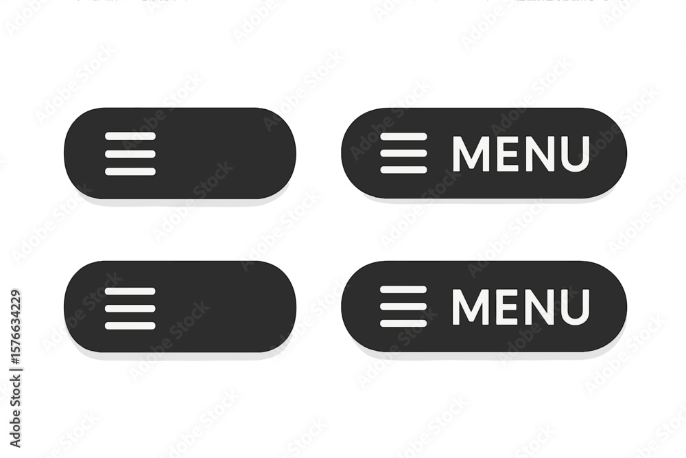 Poster Modern black hamburger menu button set for website UI navigation. Flat web and mobile app menu icons. Burger menu, navigation bar, UI design elements, rounded button collection