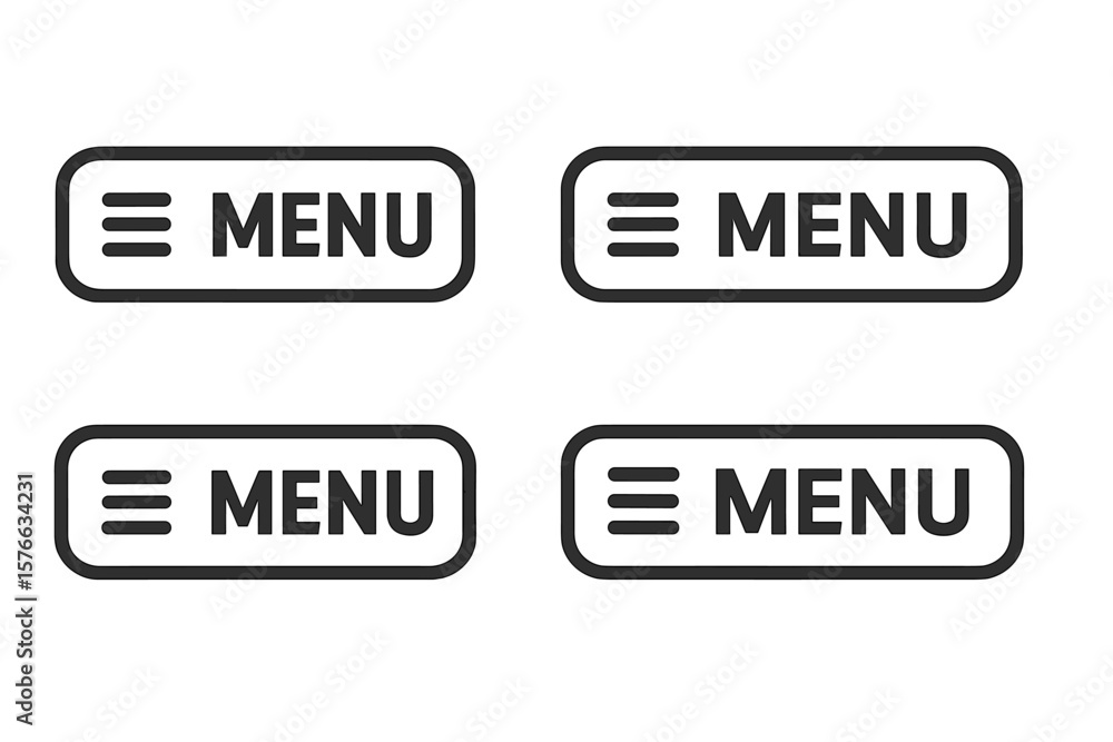 Aufkleber Set of 4 Modern Black Menu Buttons with Hamburger Icon for Website and Mobile App UI, Navigation Bar Elements, Burger Menu Design, Web Interface Navigation Buttons