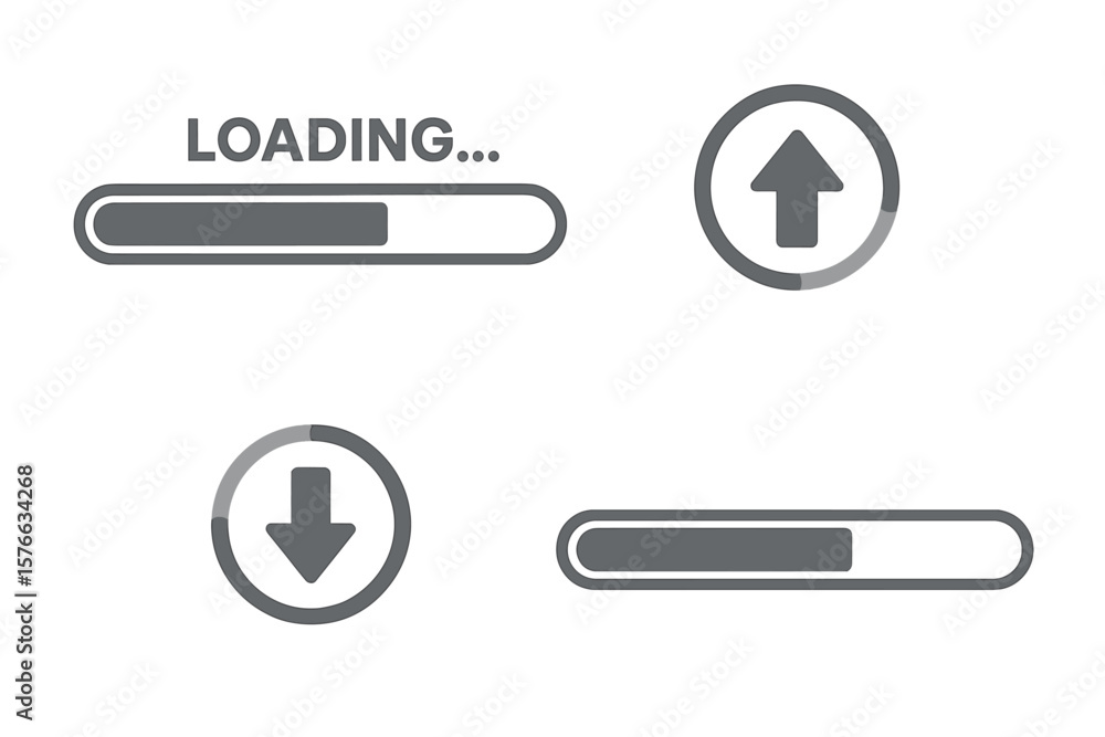 Poster Modern Loading Bar Icons Set. Download Progress, Upload Process, Circular and Linear Progress Indicators for Web and App UI. Vector Illustration of 4 Loading Symbols for Website and Interface Design