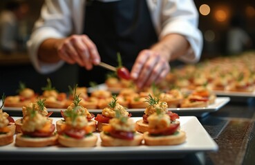 Waiter arranging appetizing canapes on buffet table. Chef meticulously garnishes appetizers with herbs, tomatoes, preparing for festive banquet wedding reception. Elegant catering service for special