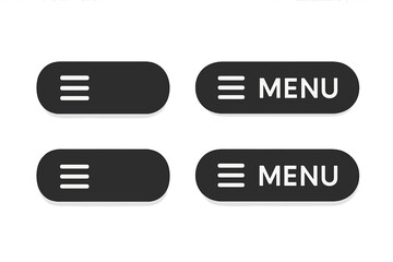 Modern black hamburger menu button set for website UI navigation. Flat web and mobile app menu icons. Burger menu, navigation bar, UI design elements, rounded button collection