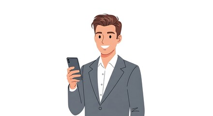 Flat cartoon young businessman holding a smartphone, symbolizing communication and success.