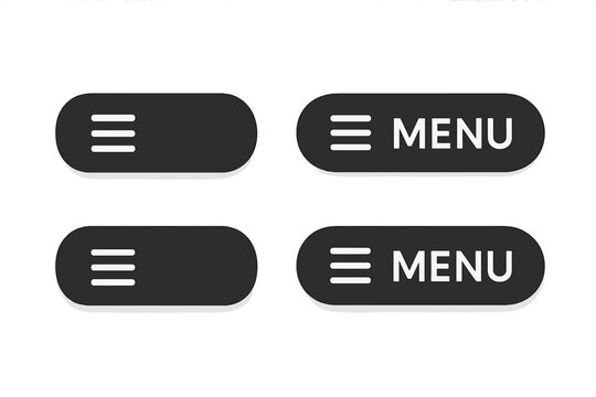 Modern black hamburger menu button set for website UI navigation. Flat web and mobile app menu icons. Burger menu, navigation bar, UI design elements, rounded button collection