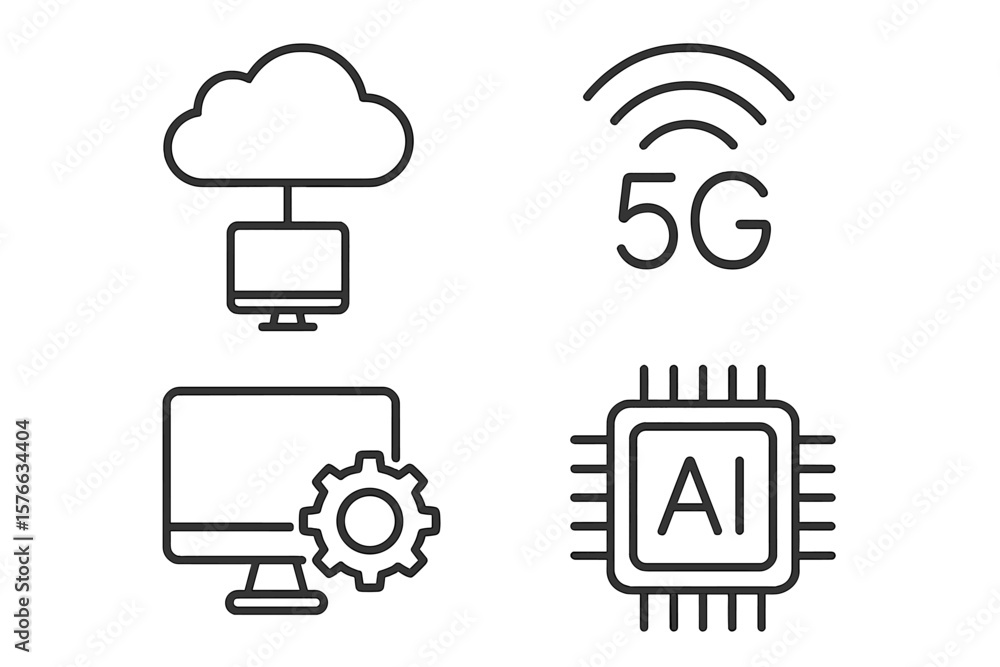 Poster modern technology line icons set. cloud computing, 5g wireless network, artificial intelligence chip